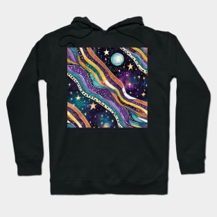 Geometric pattern of curved seamless stripes making a starry night with galaxy and stars Hoodie